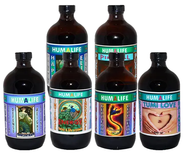 Humalife liquid fulvic acid supplements including Happy, Pure, Energy, Cell Food, Cell Detox, and Tumi Love wellness formulas.webp