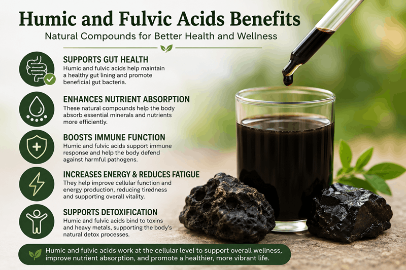 Humic and fulvic acids benefits infographic showing nutrient absorption, gut health, immune support and overall wellness.png